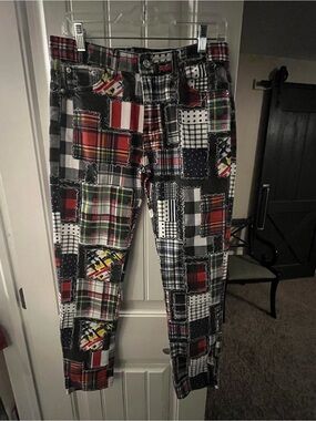 Watson Patchwork Plaid Denim Jean - Red, Black, White, size 32